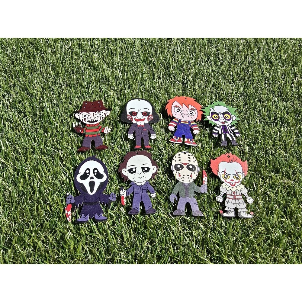 Set Of 8 Horror Scary 3" Wooden Ornaments Halloween Jason Freddy Scream Chucky++